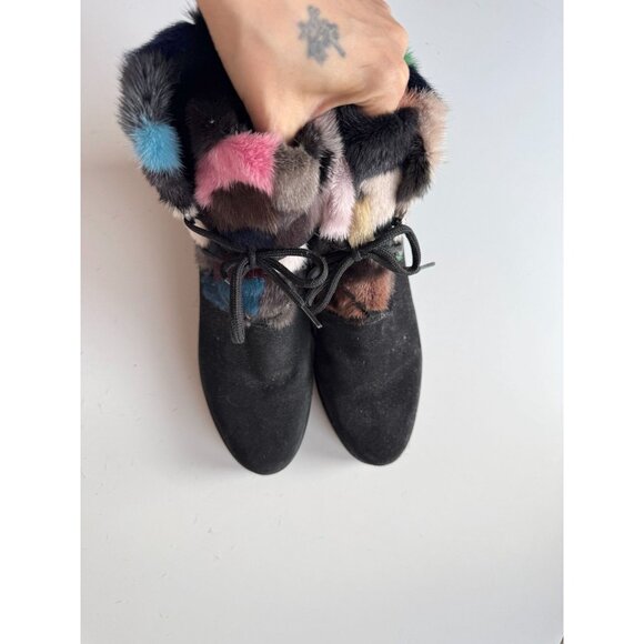 STUART WEITZMAN Black Suede Rainbow Rabbit Fur Trim Combat Boots, Size 8 - Picture 2 of 15